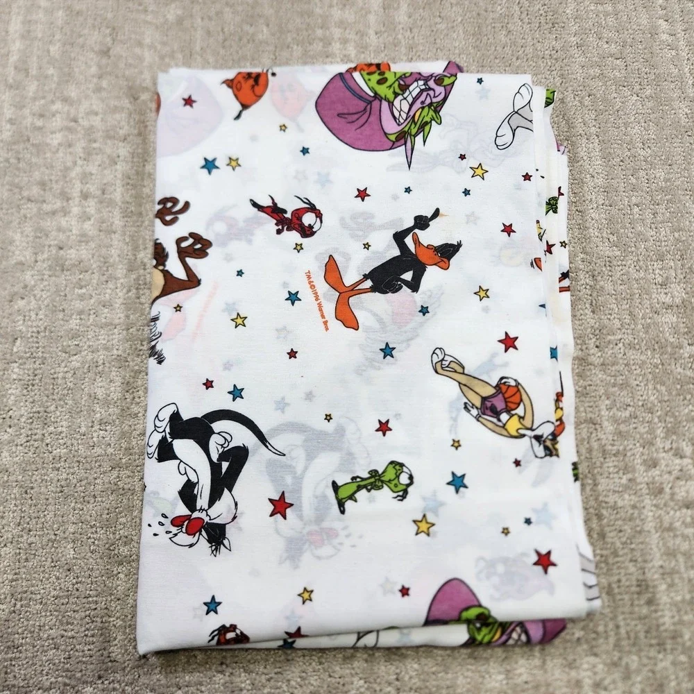 Vintage SPACE JAM Looney Tunes Bugs Daffy Warner Bros Twin FLAT SHEET 1996 90s